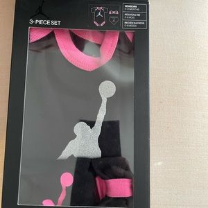 New3 piece pink  and black Jordan infant/girl outfit (onesie ,headband,and scarf